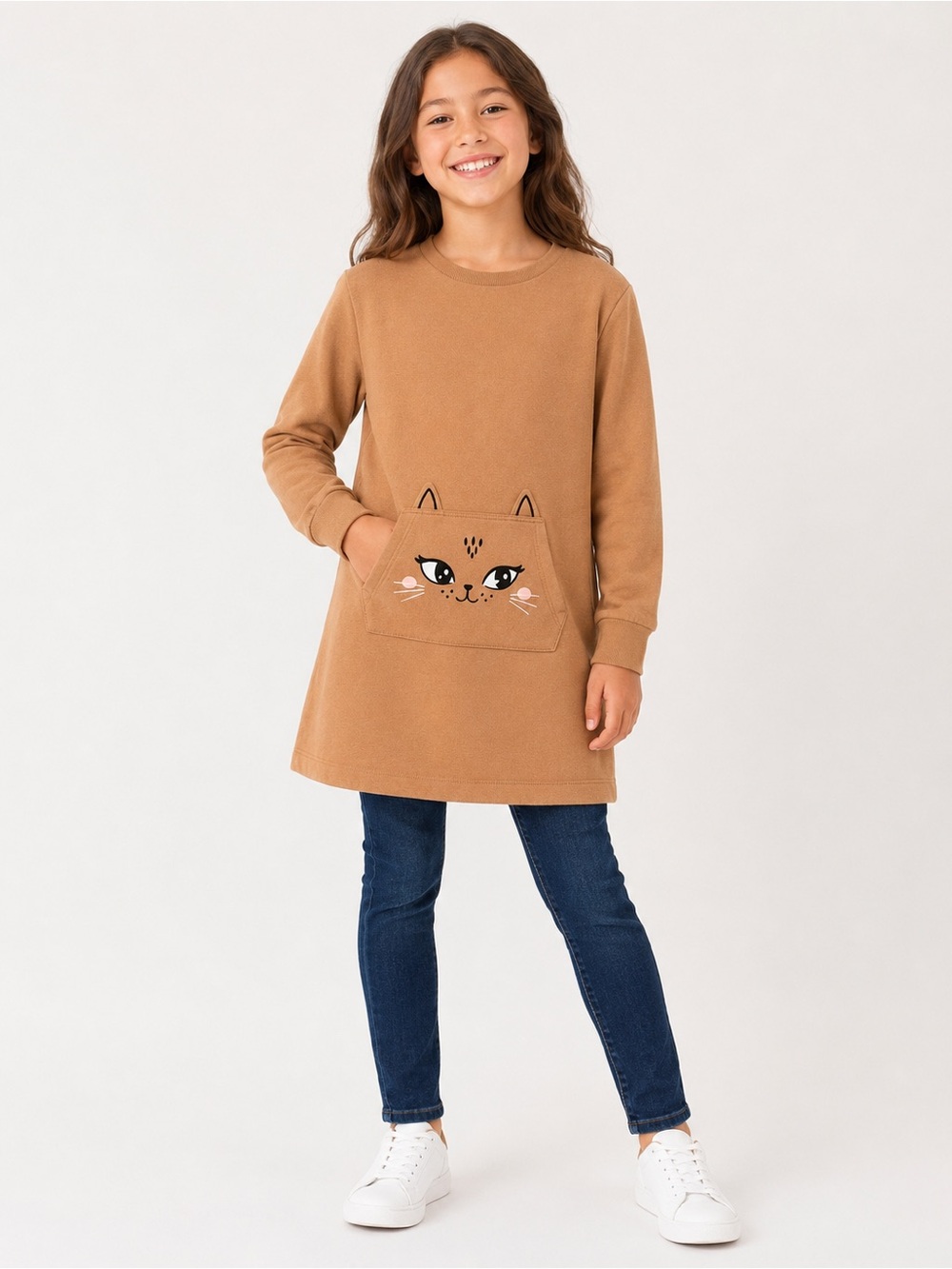 H&M Camel Brown Cat Pocket Sweatshirt Dress for Girls